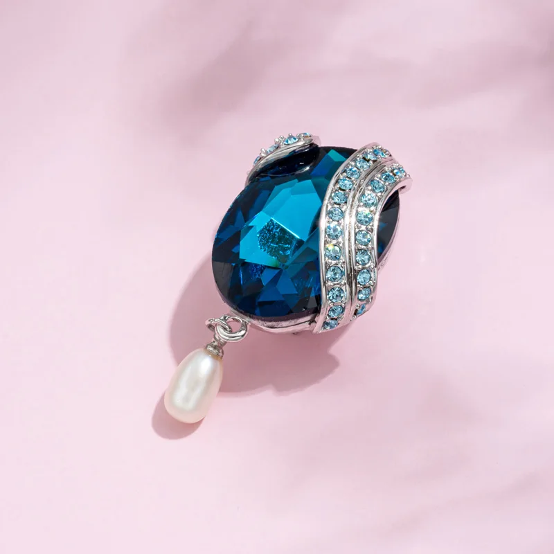 XILIANGFEIZI High-end Wedding Banquet Dress Jewelry Natural Freshwater Pearl Blue Large Crystal Brooch