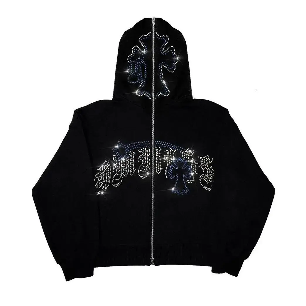 Punk Goth Aesthetic Over Face Rhinestone Streetwear Pullover Unisex Y2k Full Zip Up Hoodies hommes