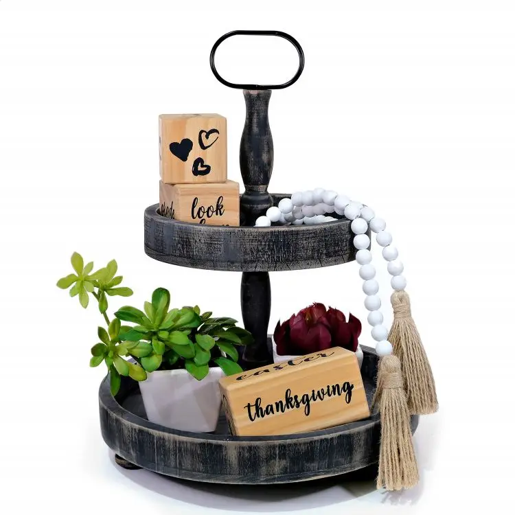 Rustic Farmhouse Vintage 2 Tier Wood Serving Tray Round Wooden Tiered Tray for Food Display