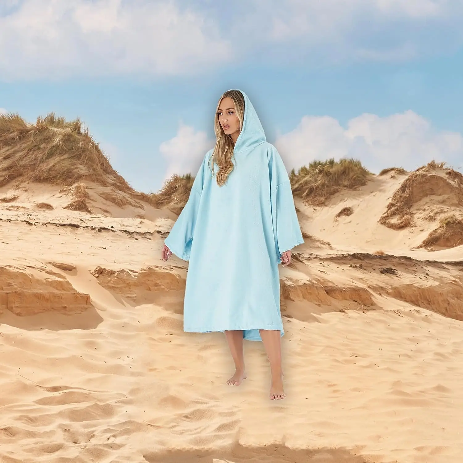 Swim towel Poncho Adult Hooded Large Bath Swim Surf Beach Absorbent Dry Microfiber Changing Robe for Men Boys Quick Dry Sky Blue