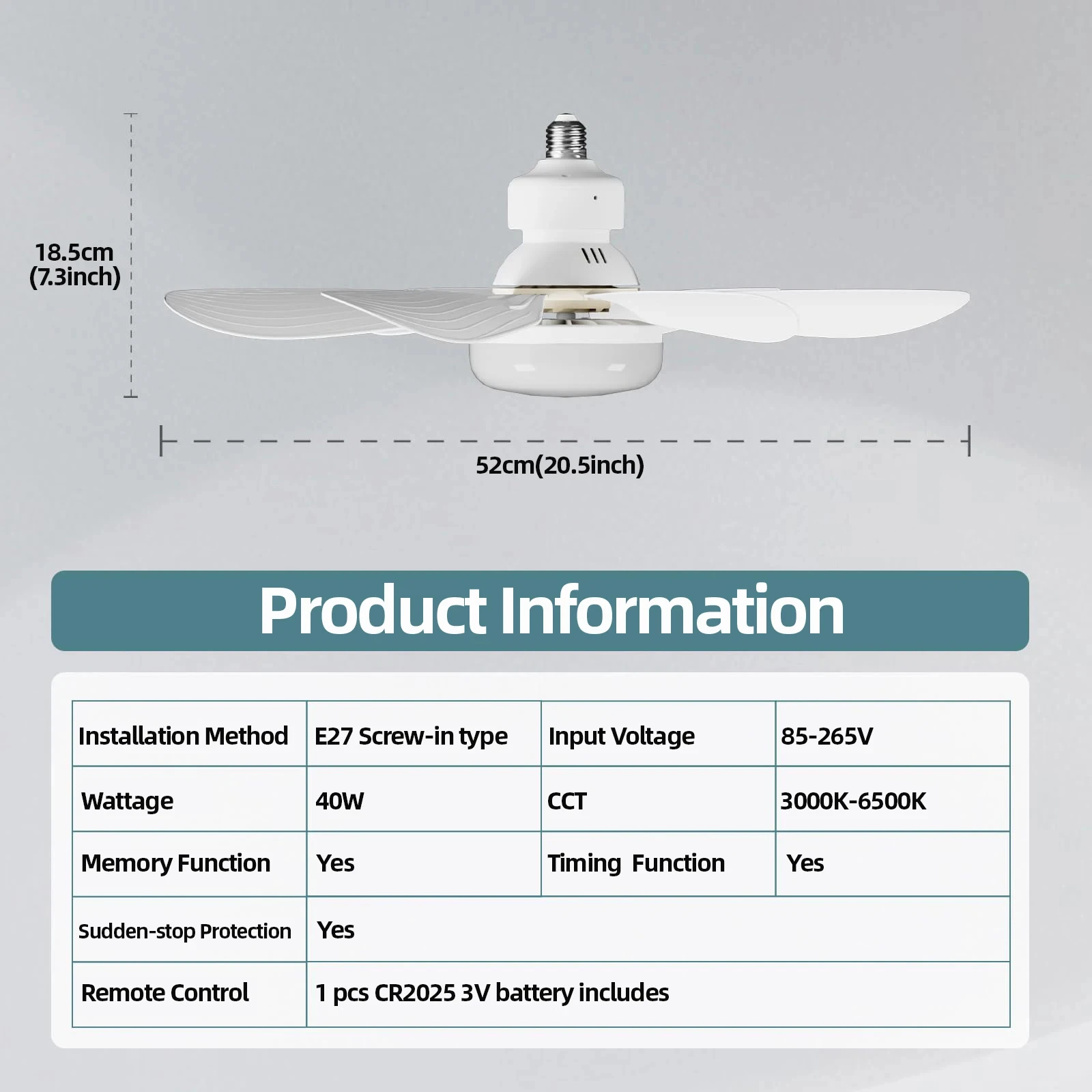 LED 40W Ceiling Fan Light E27 with Remote Control for Dimming, Suitable for Living Room, Study, Household Use, 85-265V Modern 80