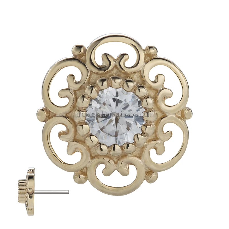 Giometal Flower Threadless Triangle Top Ends Lip Labet 14K Solid Gold Tragus Helix Stud Earrings Body Piercing Jewelry Wholesale