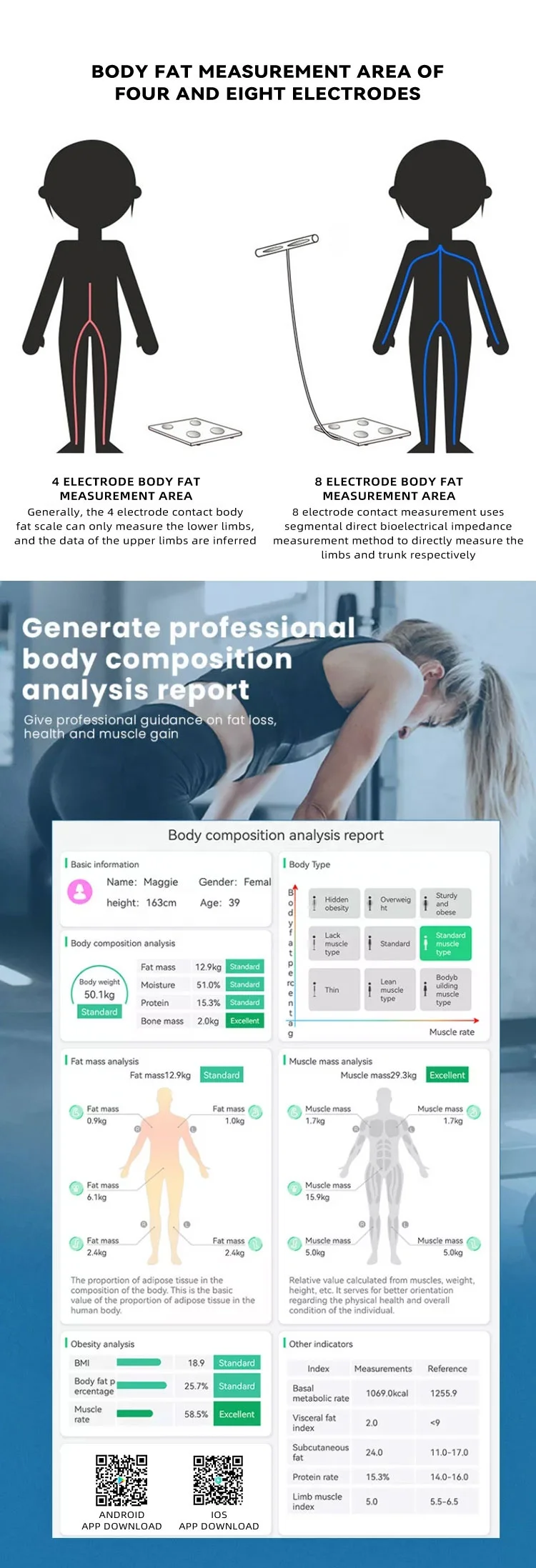 Eight Electrode Smart Body Composition Muscle And Water Mass Weight Body Fat Scale