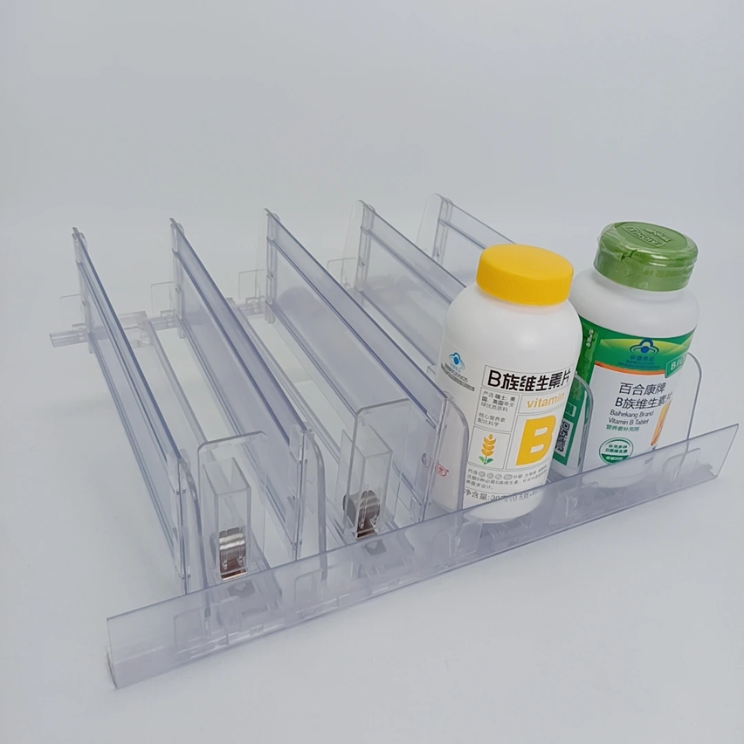 Manufacturer Adjustable acrylic automatic plastic drink can tray retail spring loaded cigarette shelf pusher system for bottle