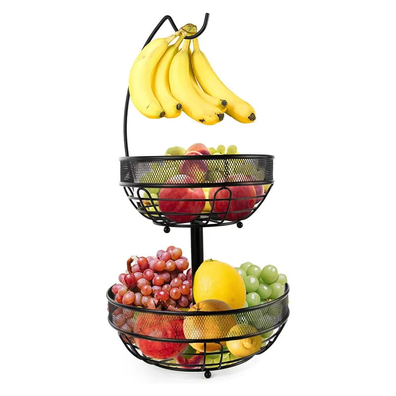 Custom 2-Tier Fruit and Vegetable Basket with Banana Hanger Kitchen Counter 2 layers Sturdy Metal Fruit Bowls