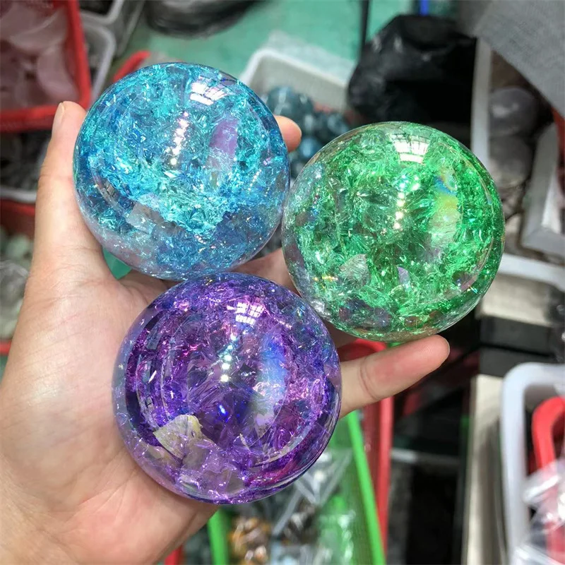 Wholesale polished aura crack glass stone ball electroplating color crystal sphere