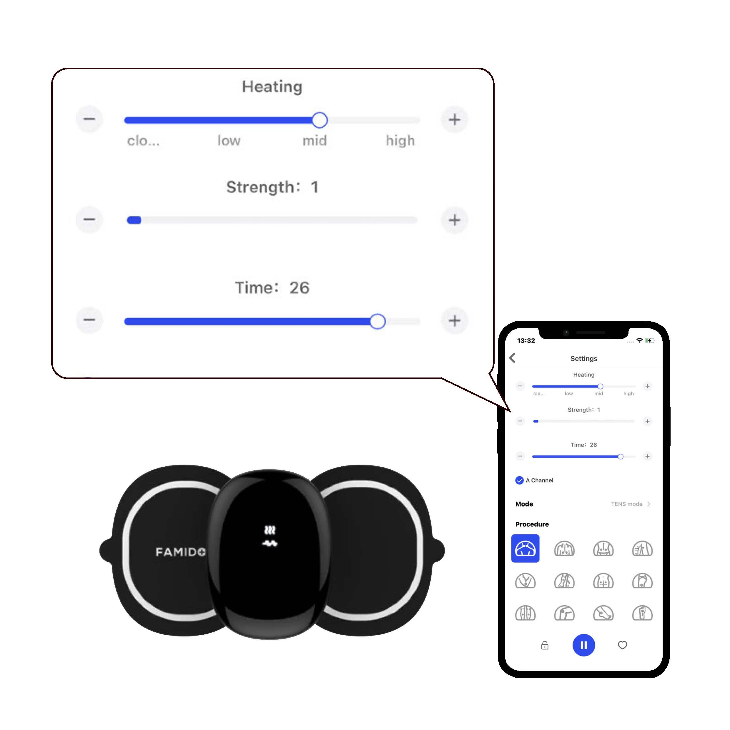 Rechargeable portable tens machine heating Electrode pad for pain relief with blue tooth and wifi  FDES106