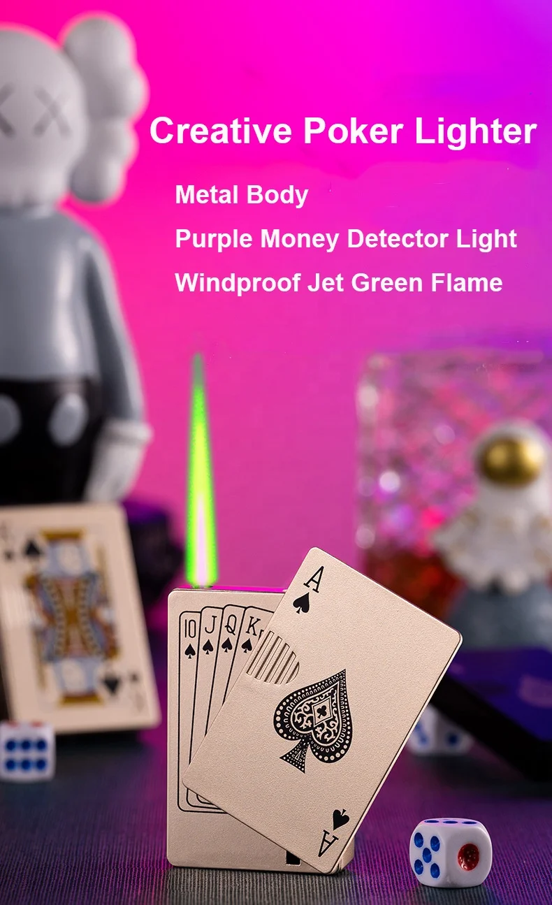 Hot Sale Metal Jet Lighter With Playing Card Design Windproof Jet Green Flame Refillable Playing Cards Poker Lighter