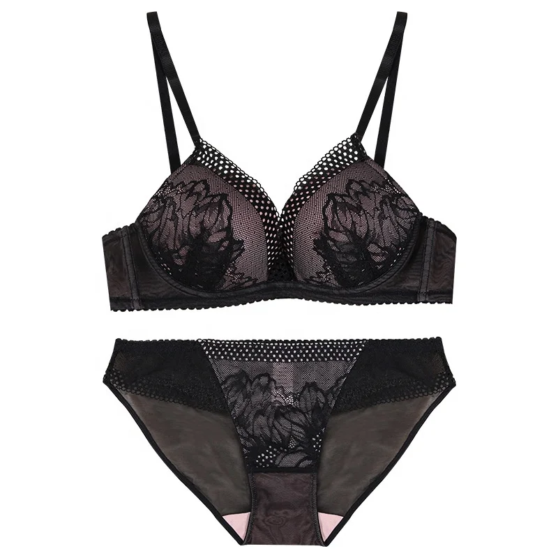 Lace Thin on The Bottom Thick Cup No Underwire Push-up Bra Underwear Set Women Sexy Adults Knitted Underwear and Support Set