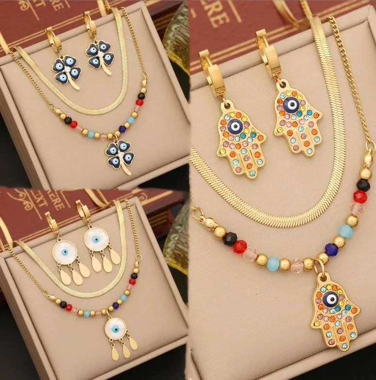 18k Vintage Drip eye jewelry sets stainless steel double chain Europe and America fashion jewelry sets