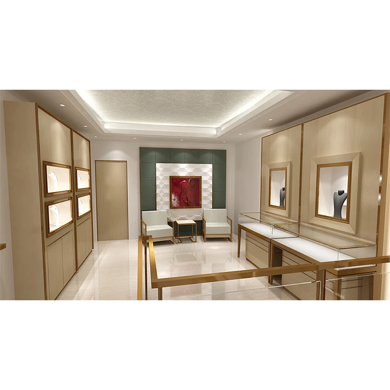 Mujiang jewelry store showroom interior design display wall mounted jewelry showcase display counter for jewelry