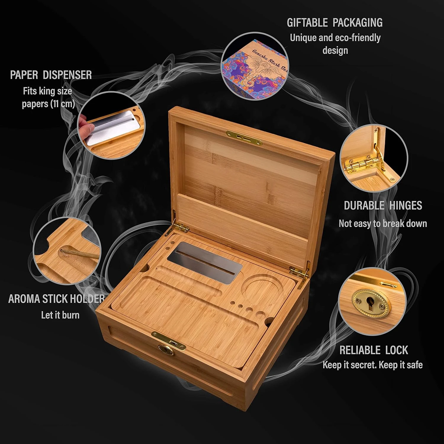 Bamboo Stash Kit, Storage Box, Rolling Tray, Rolling Kit, Rolling Tray Box with Lock, Smell Proof Box, Lock Box