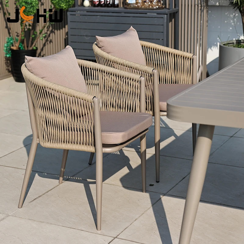 2024 hot sell woven rope outdoor stackable aluminum frame metal patio garden dining chair with waterproof cushion
