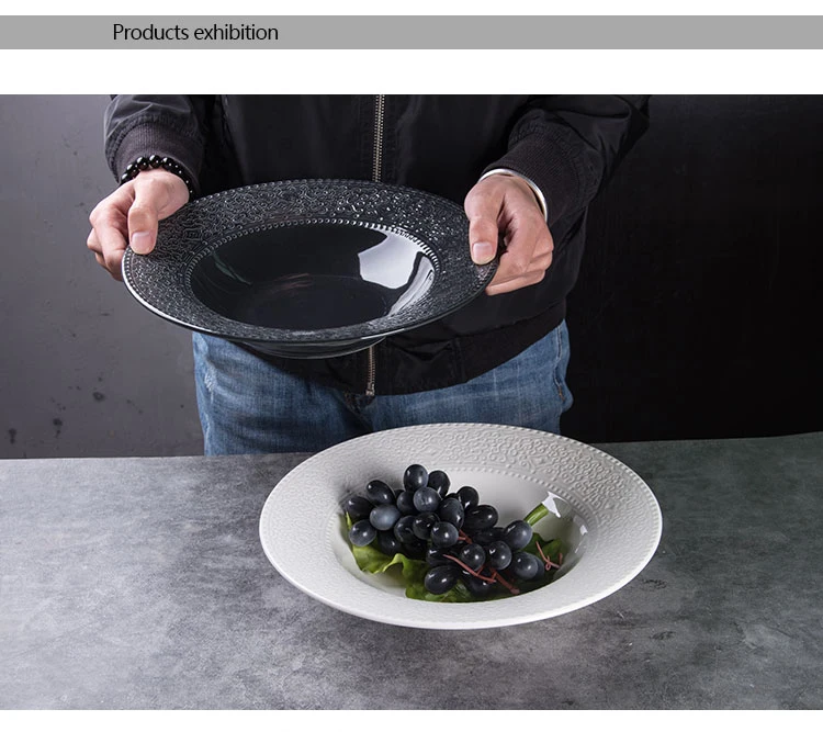 
Simple Black11Inch Ceramic Embossed Wide Rim Deep Serving Tray Steak FruitAppetizer Pasta Bread Plates Porcelain Dinnerware Dish 