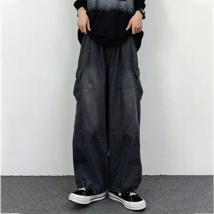 New arrival Hip-Hop baggy jeans men Washed vintage Multi-Pocket cargo jeans men Street Skateboard Hem drawstring denim Jeans