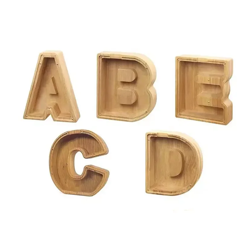 Wooden Piggy Bank for Kids A-Z Letters Coin Bank Wooden Money Box Frame Wood Toys Modern Money Saving Bank for Christmas Gift