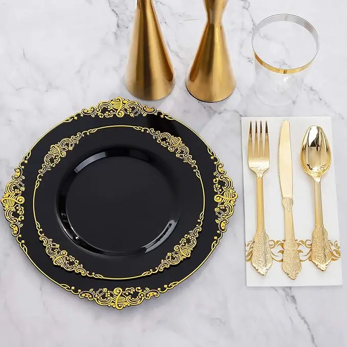 350pcsRose Gold Disposable Plates include 50Dinner Plates 50Dessert Plates  50 Napkin Cutlery 50Cups for Weddings & Parties