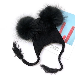 Wholesale Winter Real Fur Kids Hat Fashion Double Fur Balls Baby Knit Beanie Warm Big Real Fur Pom Pom Braid Hat