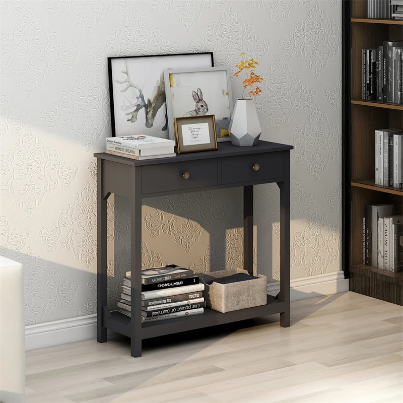 Modern espresso wooden console table luxury home furnishings easy to build hallway console table with shelving and drawers