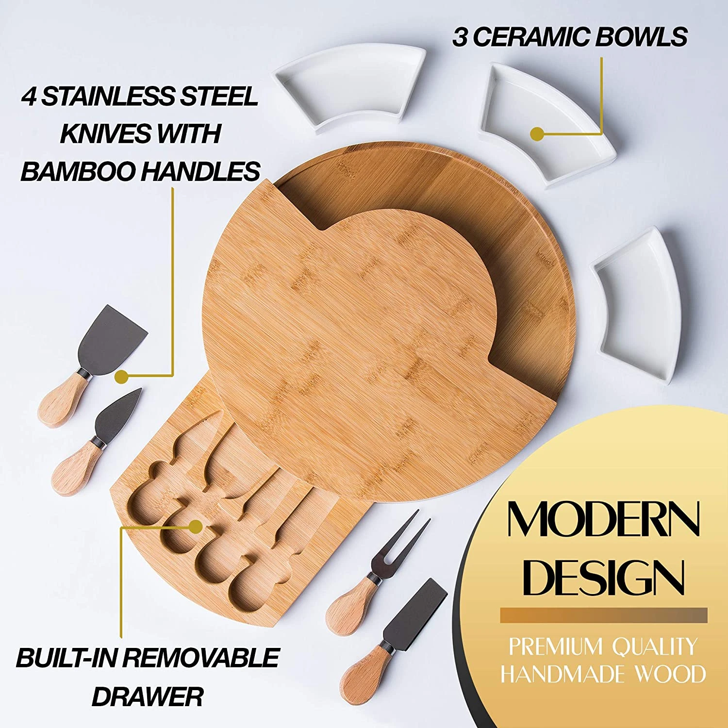 Premium Bamboo Cheese Board and Knife Set Charcuterie Board Set Accessories Meat and Cheese Board, Serving Platter with 3 Bowls