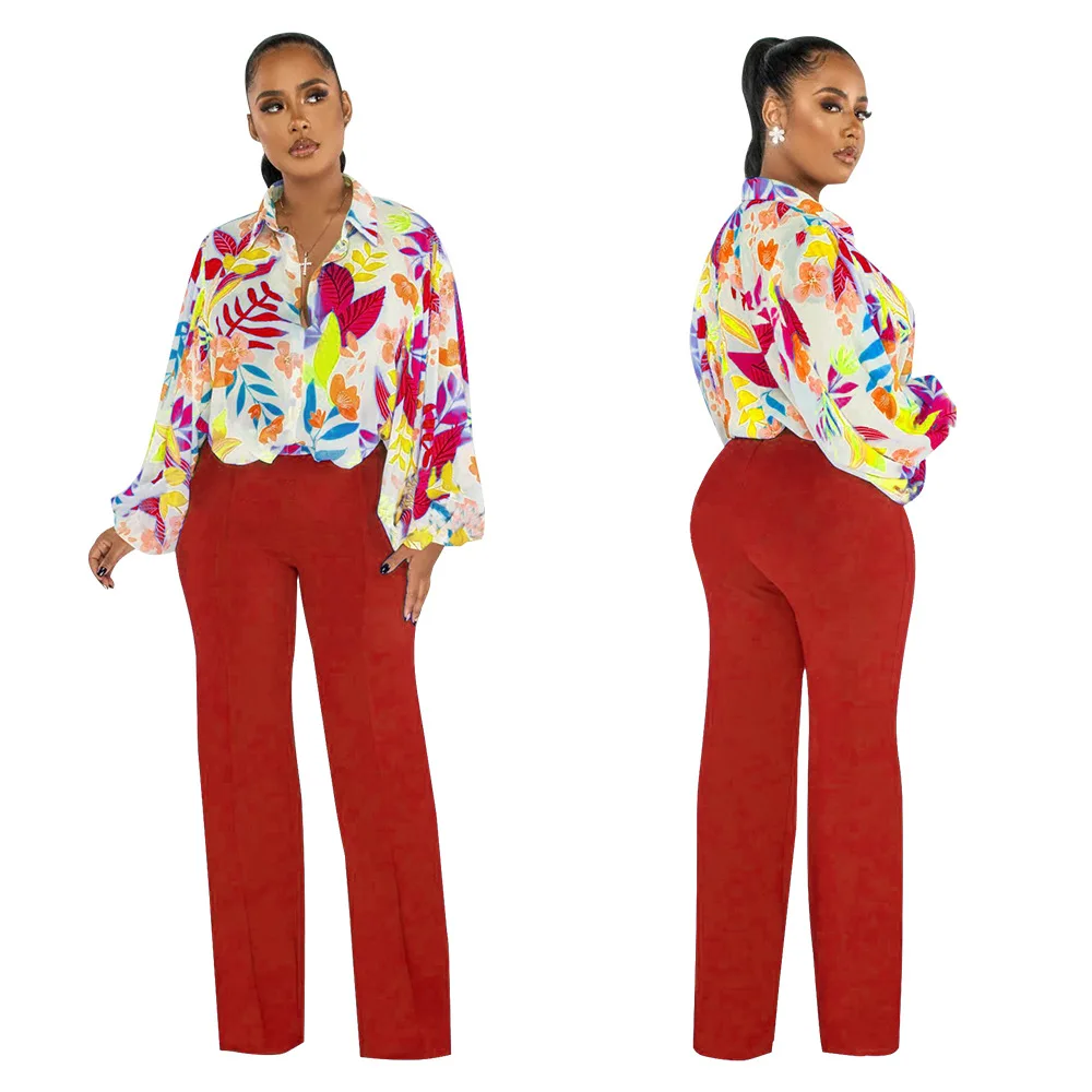 J&H 2023 spring fall fashion printed shirts and blazer pants ladies chiffon top slim fit long sleeve causal outfits
