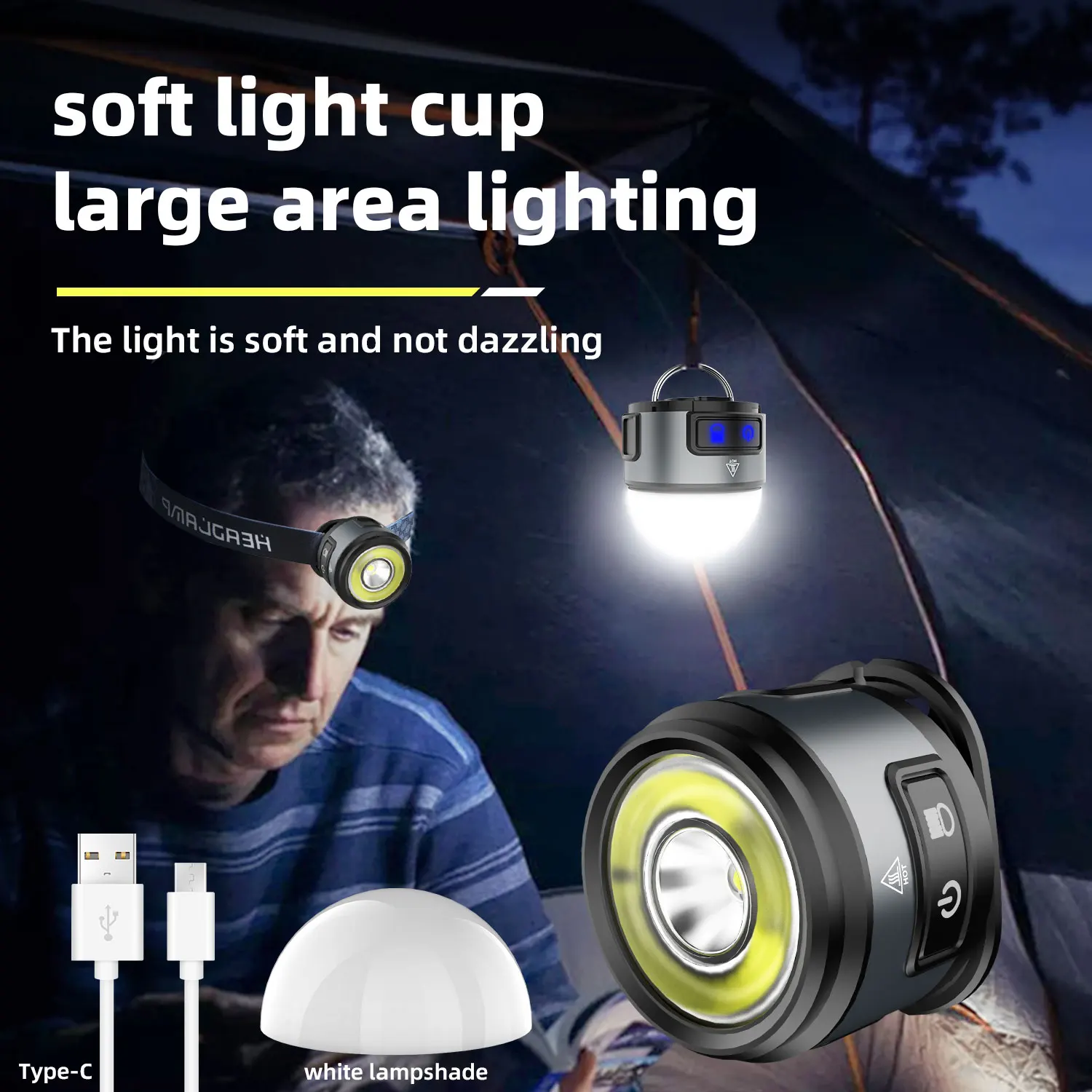Super Bright Headlamp Type-C Rechargeable Head Lamp Flashlight Waterproof LED Headlight 7 Modes Head Lights for Camping Fishing