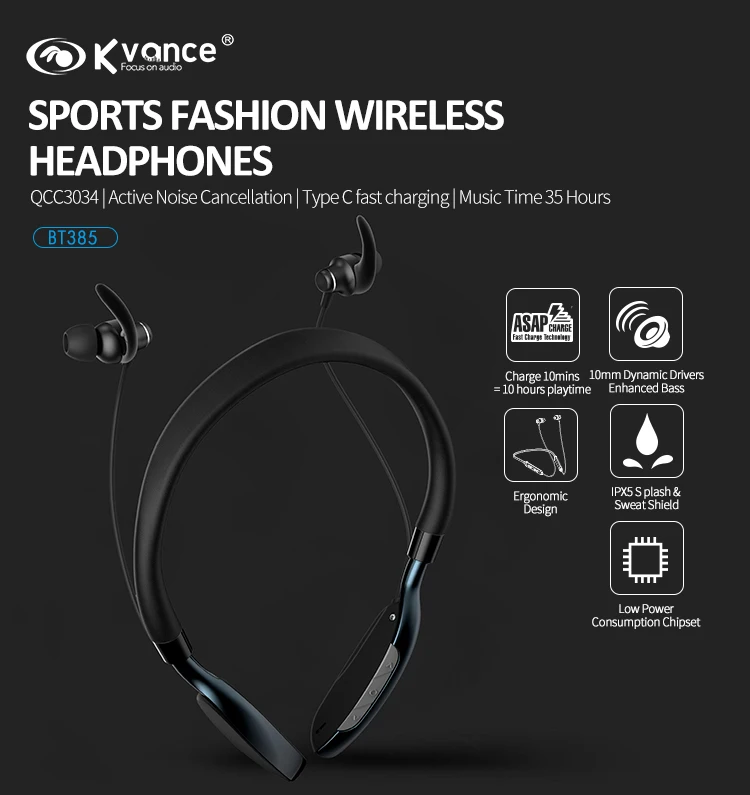 Music time 35 hours QCC3034 in ear wireless neckband earphone BT385 magnetic leather neck band type c headphone support aptx OEM