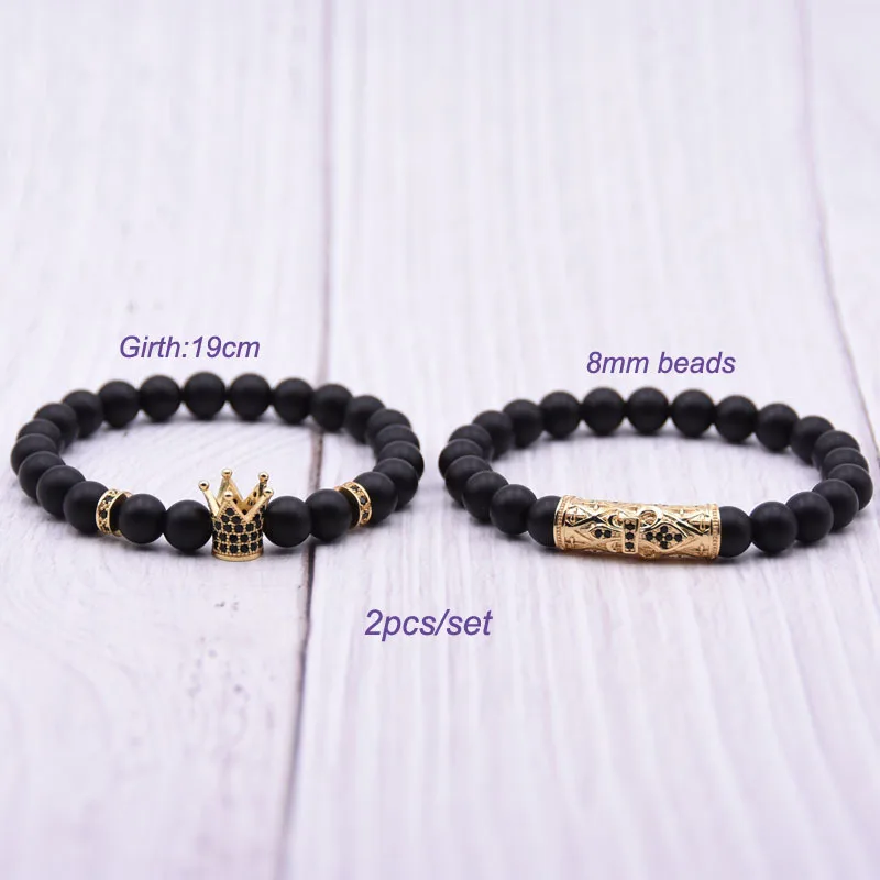 2Pcs/Set Natural Stone Man Classic Matte Black Bracelets Popular Pave CZ Small Crown Beaded Bracelet