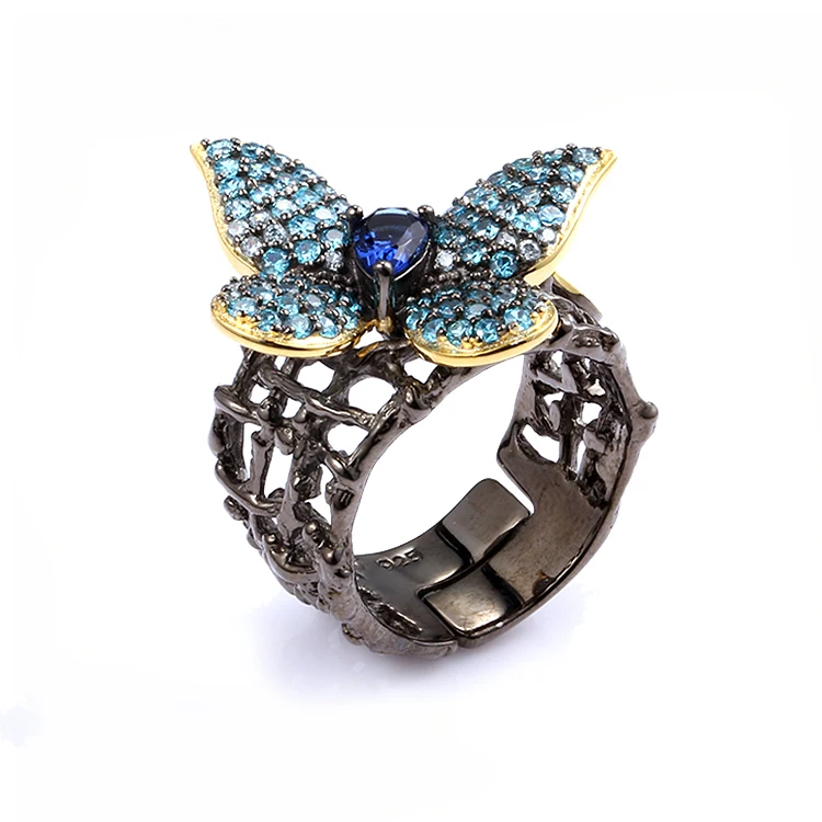 Handmade Fashion Blue Butterfly 925 Sterling Silver Ring with Gold Plated