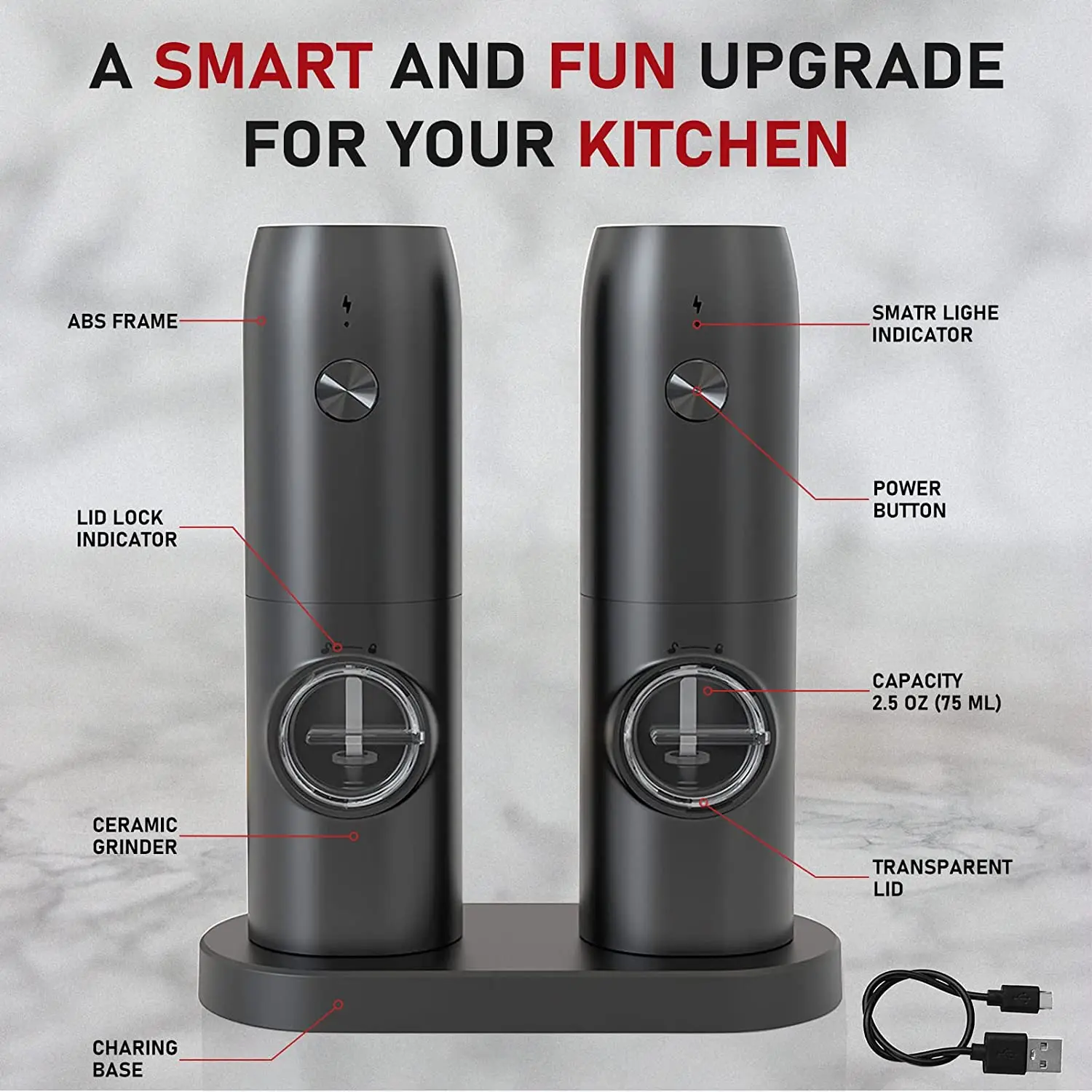 BST Type-C Electric automatic USB rechargeable salt and pepper grinder mill set with charging base LED light