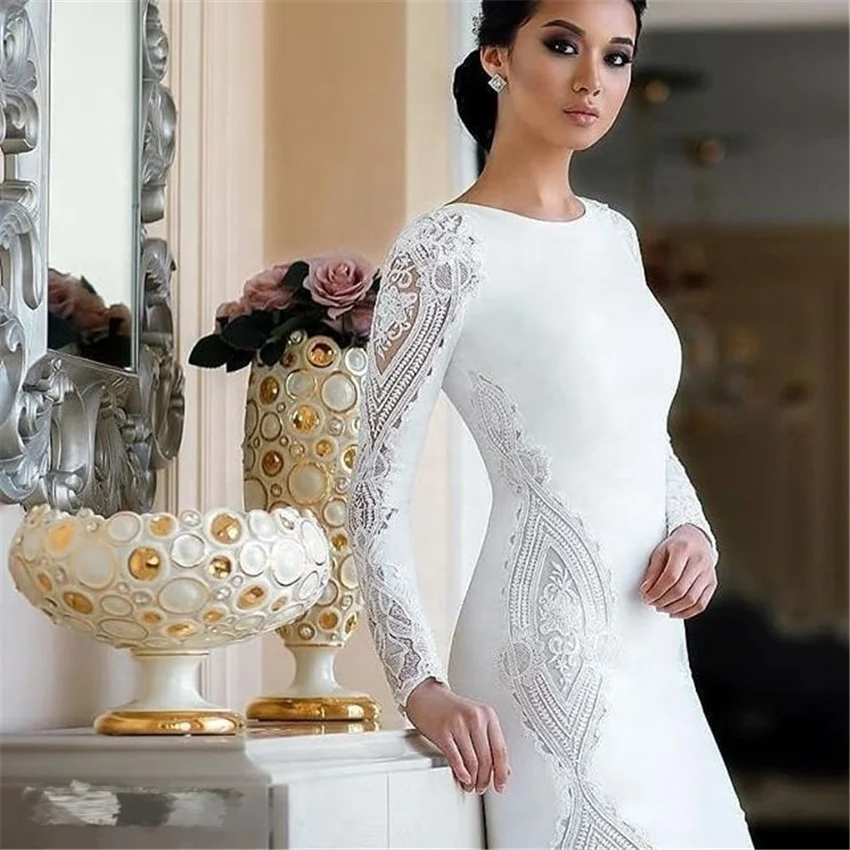 Gorgeous Long Sleeve Lace Satin Wedding Dress Sheath Reception Bridal Gown Plus Size