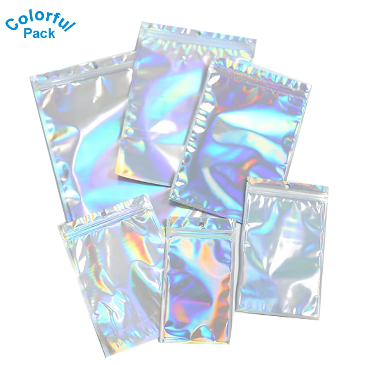 Holographic Colorful Shiny 3 side sealing bags with zip lock