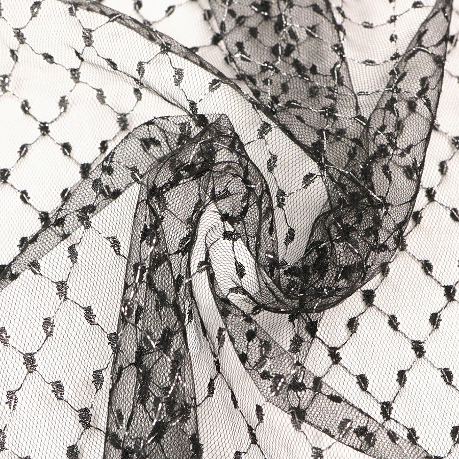 High Quality Shiny Metallic Yarn Chic Black Transparent French Lace Tulle Fabric for Party Wear Dresses