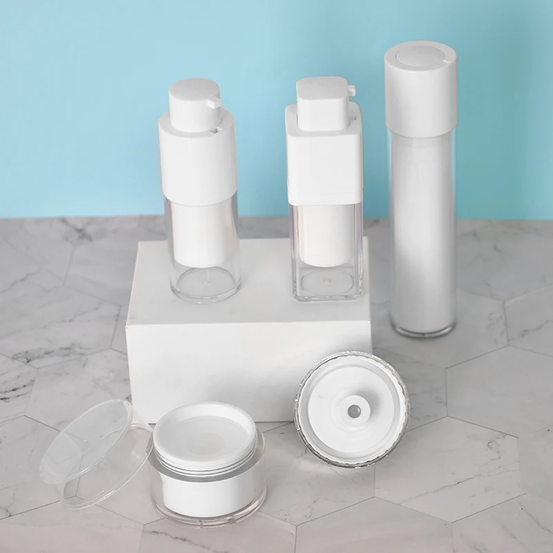 Square round white plastic acrylic lotion pe bottle 15ml 30ml 50ml airless pump bottle face cream jar set