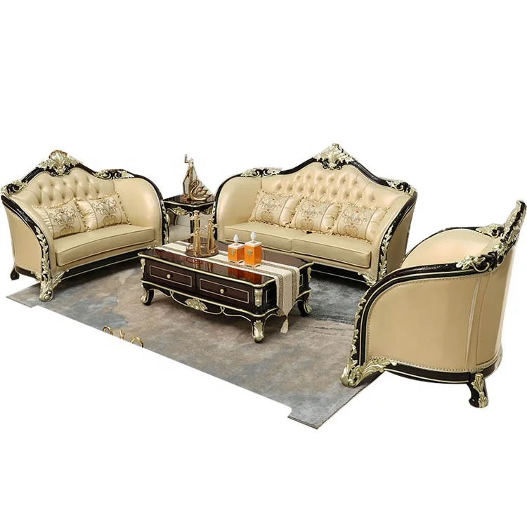 
2020 Gold Royal Cream color leather sofa solid wood 1+2+3 seat living room wooden carved European-style furniture foshan factory 