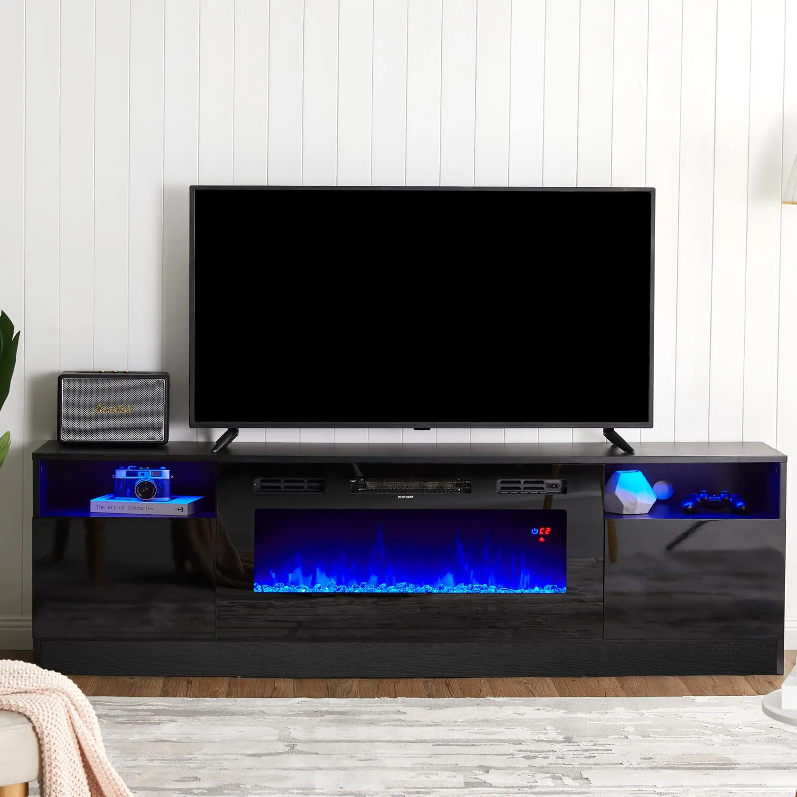 Modern High Gloss TV Stand with 36  Electric Fireplace for TVs Up to 80 , White Grey, Black TV STANDS