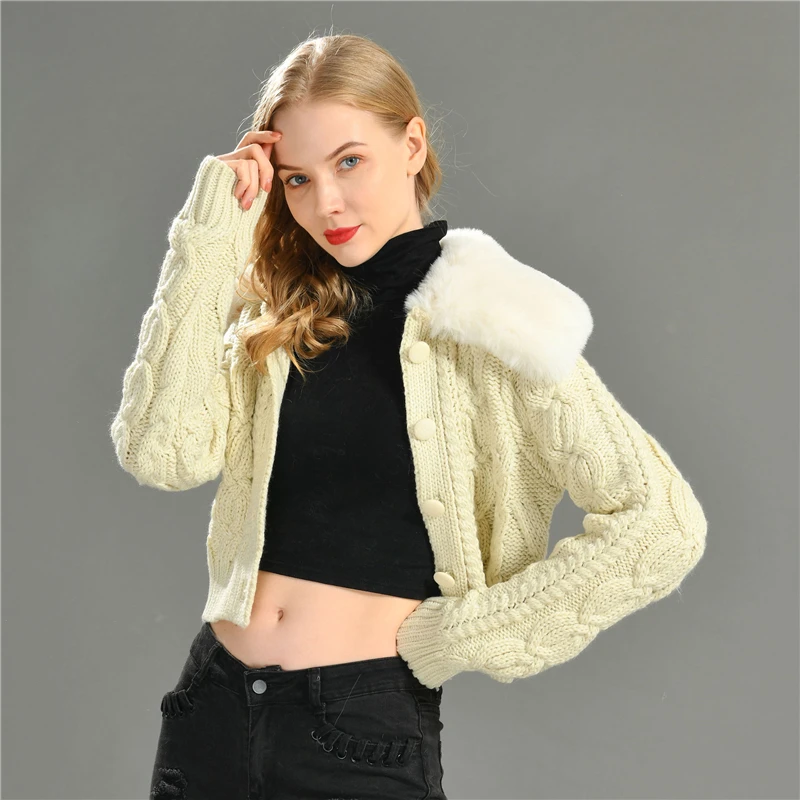 Factory Price Short Style Solid Color Single-Breasted Fake Rabbit Fur Chunky Collared Cable Knit Sweater