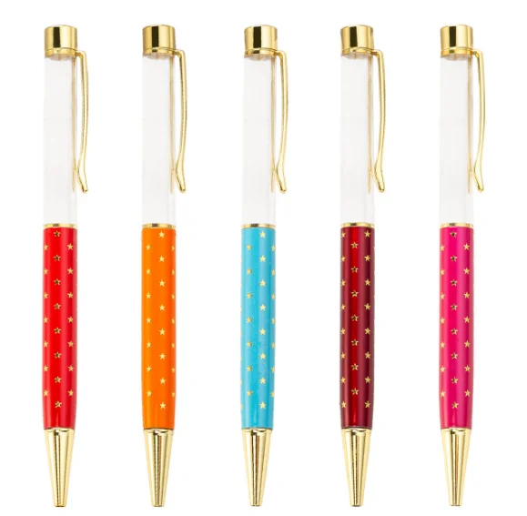 Novelty five star glitter shell crystal dry flower filled 3D pen oil liquid floating empty DIY tube ball point pen