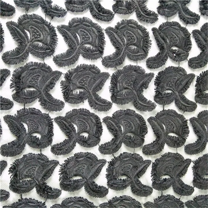Black Luxurious Holy Heavy Flocking Tufted Mesh Lace Fabric African George Embroidery