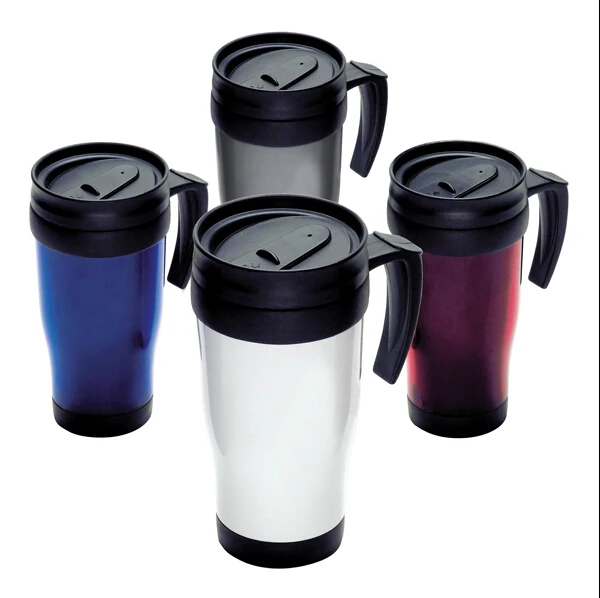 Paper insert plastic thermal coffee mug with handle, double wall plastic travel cups, insulated plastic travel tumbler