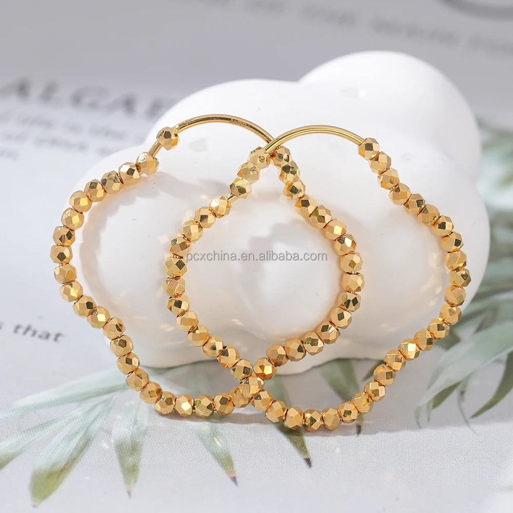 18K solid Gold Earrings Fine Jewelry Women 14k 24k pure Bead geometry cuff chunky Hoops Gold Filled Solid Earring