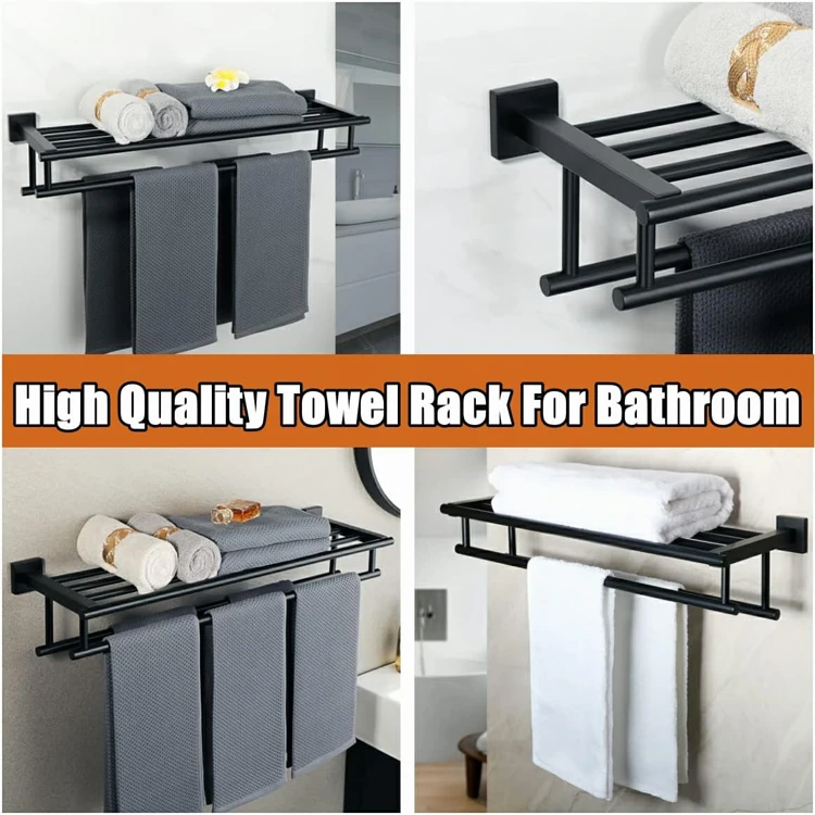 Jutye Bathroom Wall Mount stainless steel Tower Holder Towel Hanger with Double Towel Bars Black Towel Rack
