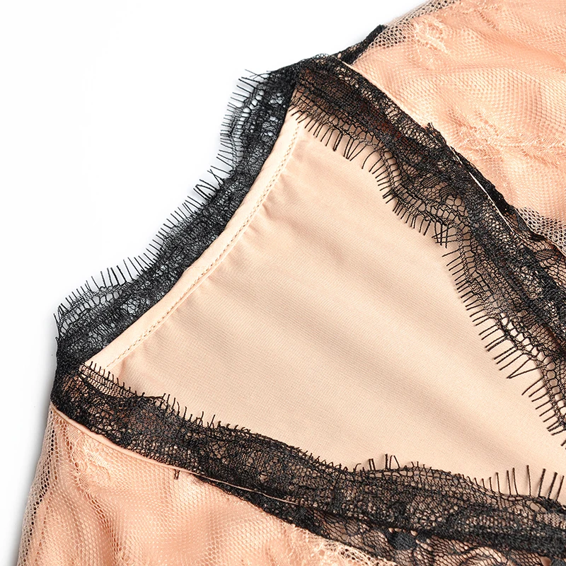 
V Neck Short Sleeve Contrast Color Perspective Lace Stitching Lace Up Waist Elegant Long Dress 