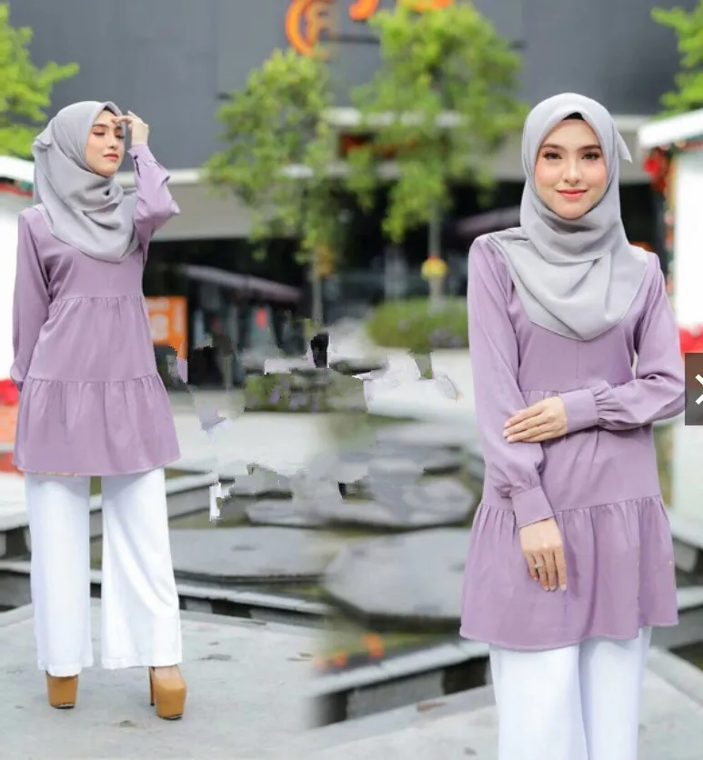 Muslim solid color round neck long-sleeved multi-layer stitching long shirt Middle Eastern Malay stitching pleated shirt