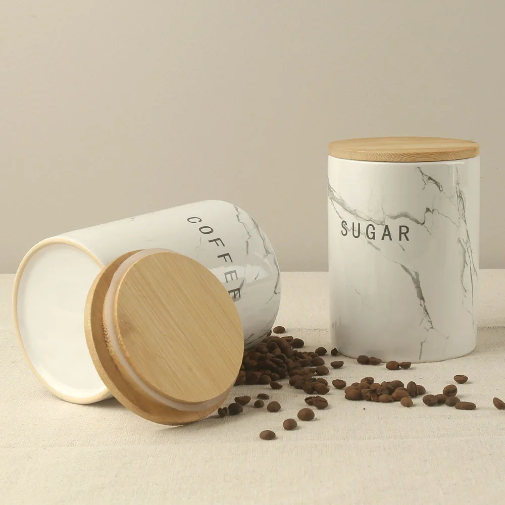 700ml gray marble decal custom design ceramic coffee tea sugar canister jar with bamboo lid and silicone ring set