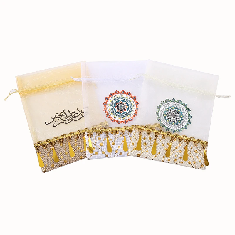 12  Pieces Packed Fast Moon Arabic Print Logo Festival Ramadan Gift Pouch Custom Gold Ramadan Drawstring Bag