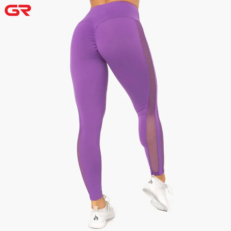 Custom Active Wear Pants Mesh Pattern Solid Ruffle Scrunch Butt Leggings For Women