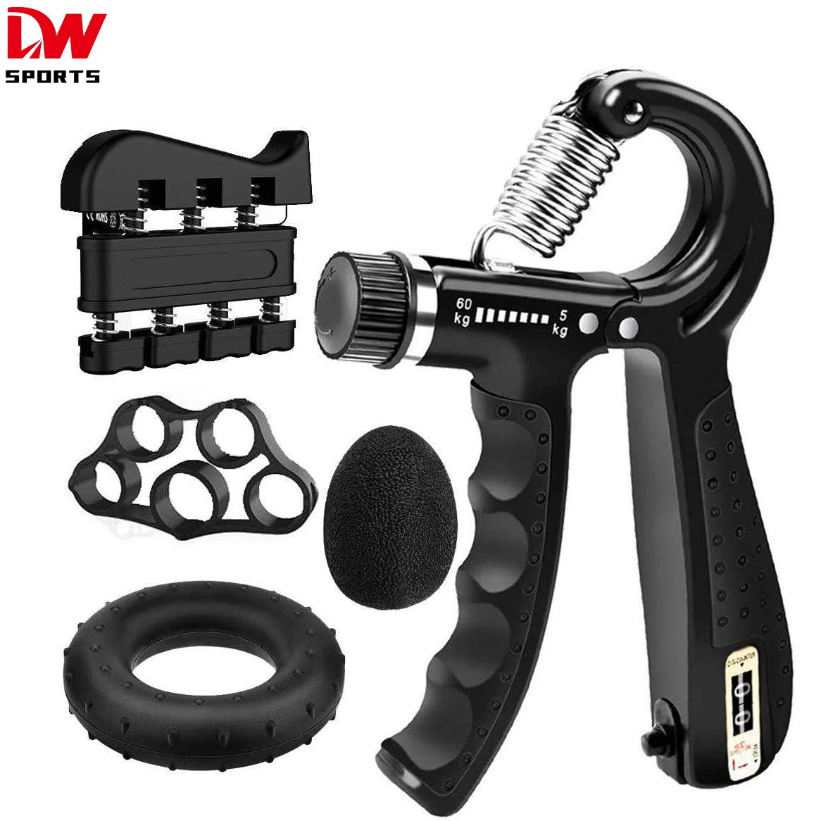 DW SPORTS Hand Grip Strengthener Adjustable Counting Hand Gripper Finger Exerciser Stretcher Grip Ring Stress Relief Grip Ball