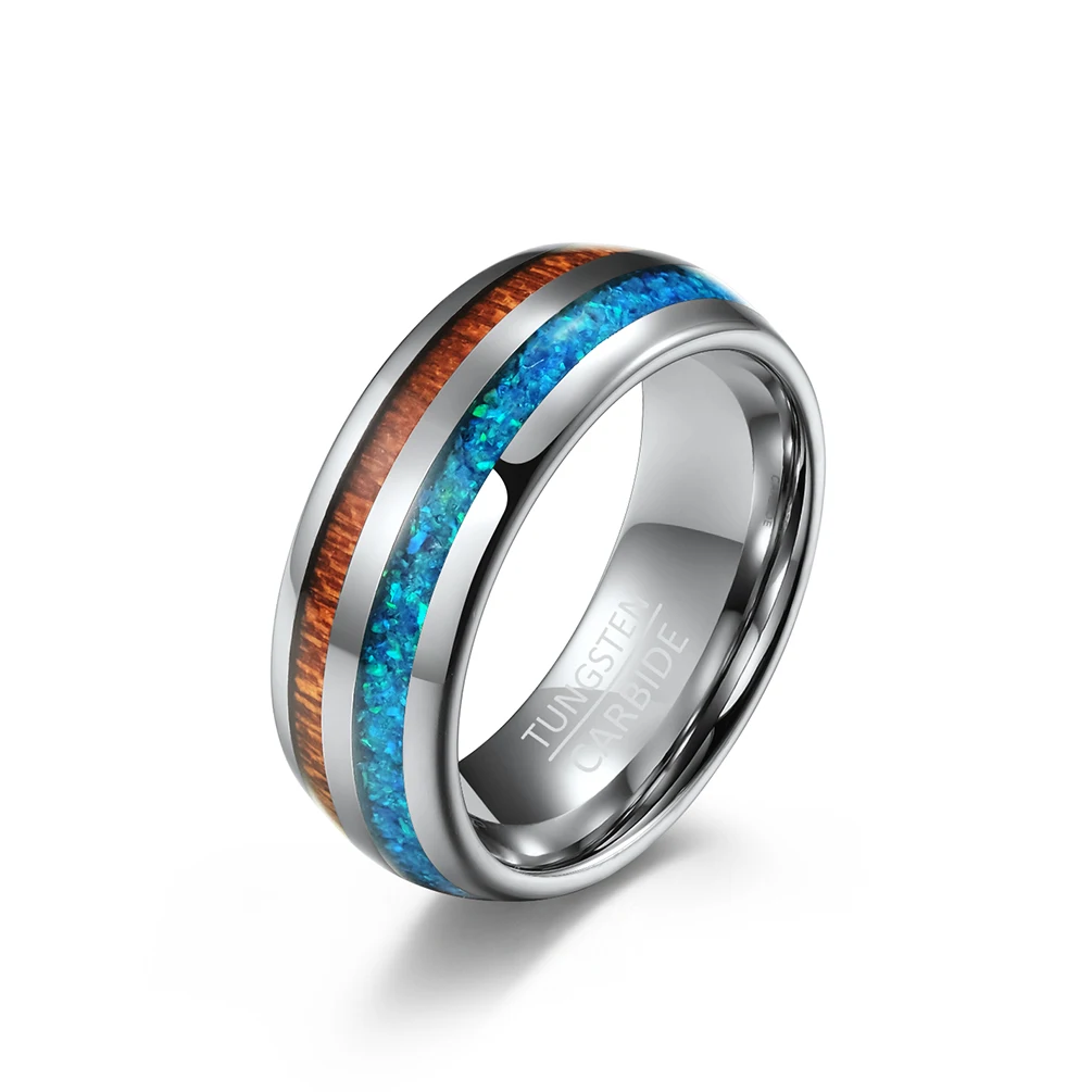 Wholesale Dropshipping Silver  8mm Tungsten Steel Wood Opal Color Shell Inlay Tungsten Carbide Band Ring For Men