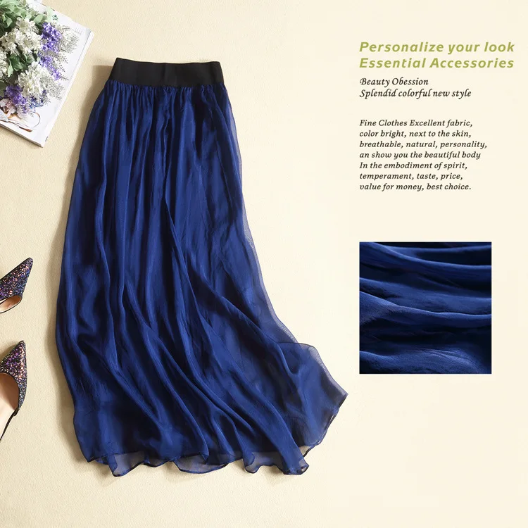 
Bright Silk Skirt Spring Autumn Ladies Long Solid Color Simple Pleated Skirt Long Maxi Elastic Waist skirts 